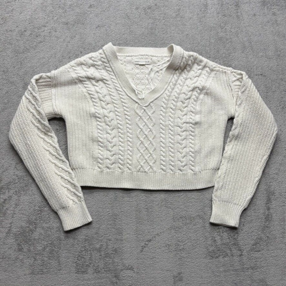 Aeropostale Cable Knit Pullover V‎ Neck Sweater Womens Small White Y2K Preppy